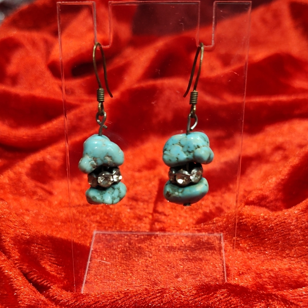 Genuine Turquoise Nugget Silver Tone Earrings With Rhinestone Spacers